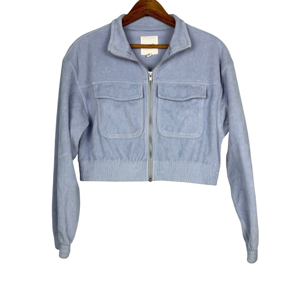 Aerie‎ Womens XS Light Blue Corduroy Full Zip Cropped Bomber Jacket Mock Neck